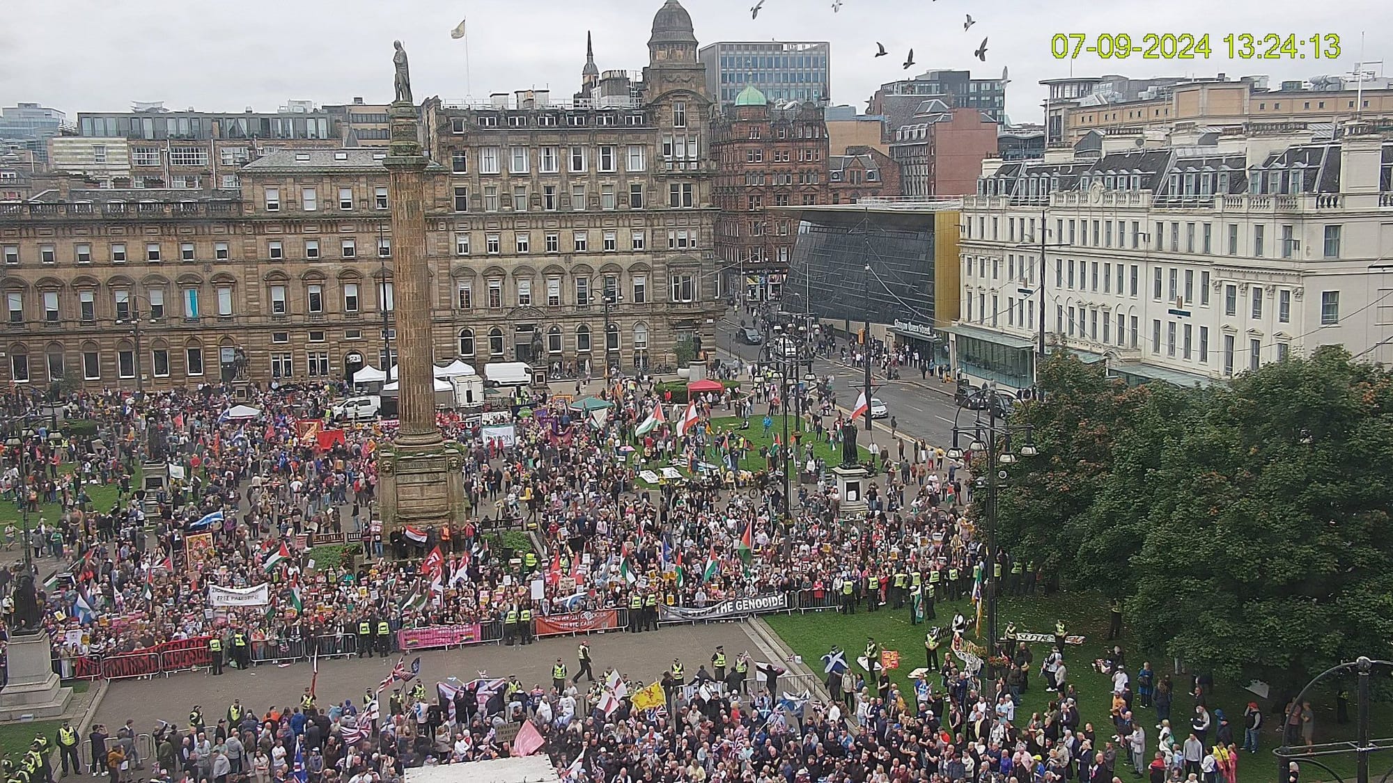 A gathering of two groups in George Square Glasgow, police seperate far-right and ant-racist demonstrators