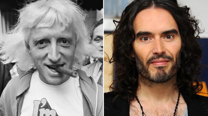 A black and white photo of Jimmy Saville smoking a cigar next to a colour image of Russell Brand. 