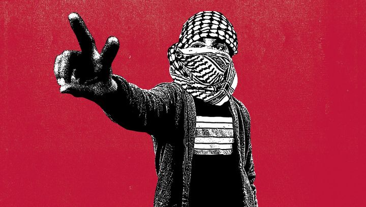 Black and white picture of a Palestinian in a keffiyah giving the peace sign. Red background.