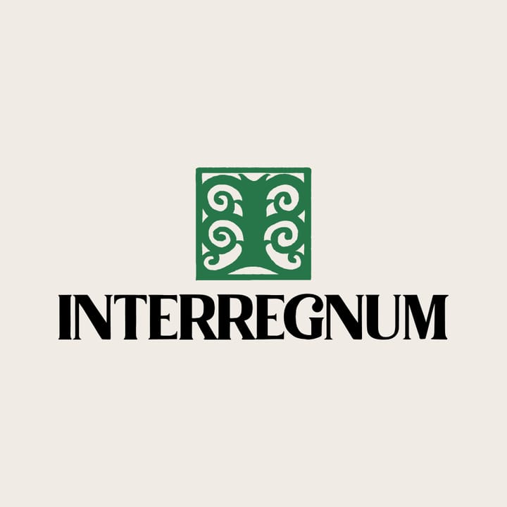 'Interregnum' with scroll logo. Text in black and logo in green on an off white background. 